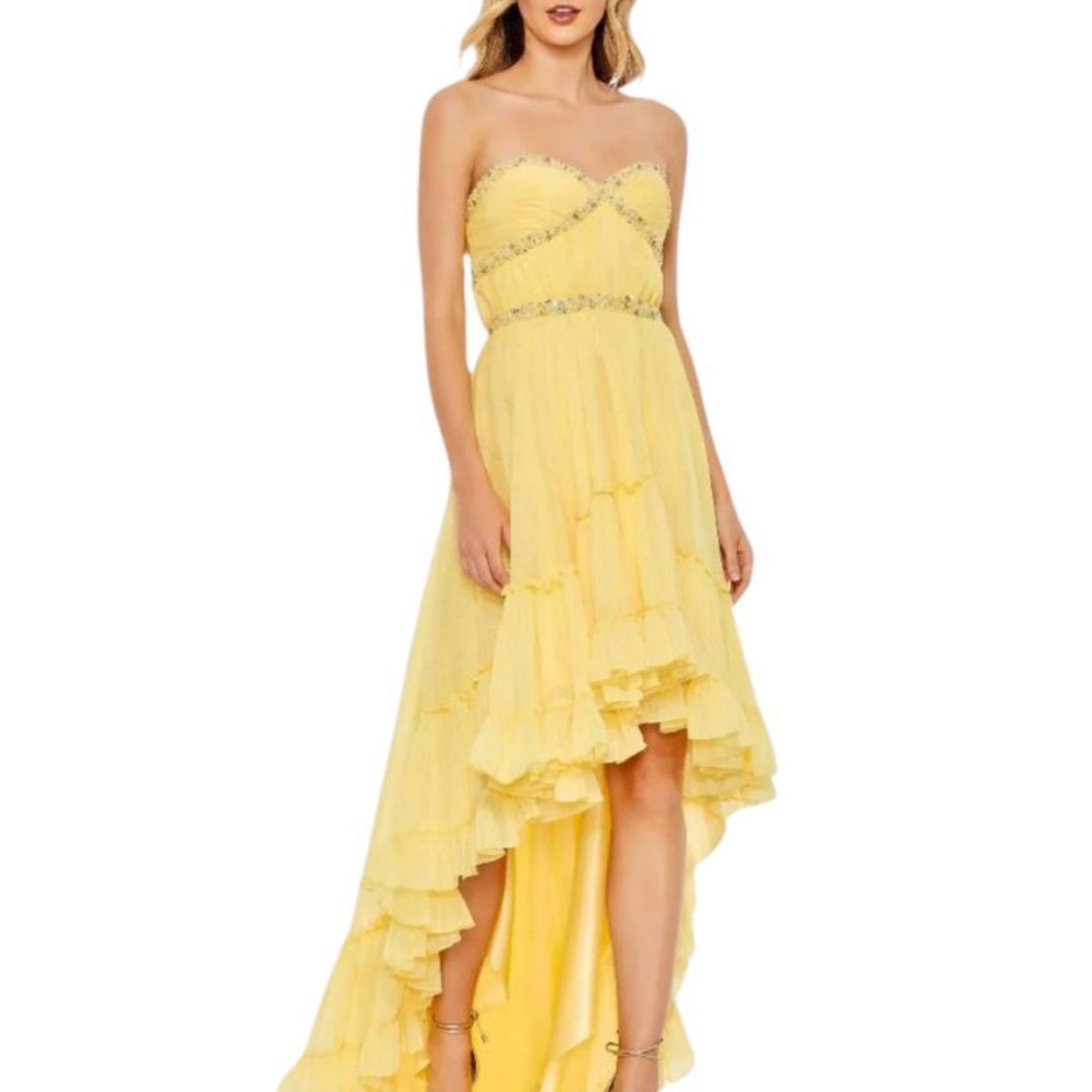 Mac Duggal Yellow Strapless High Low Dress